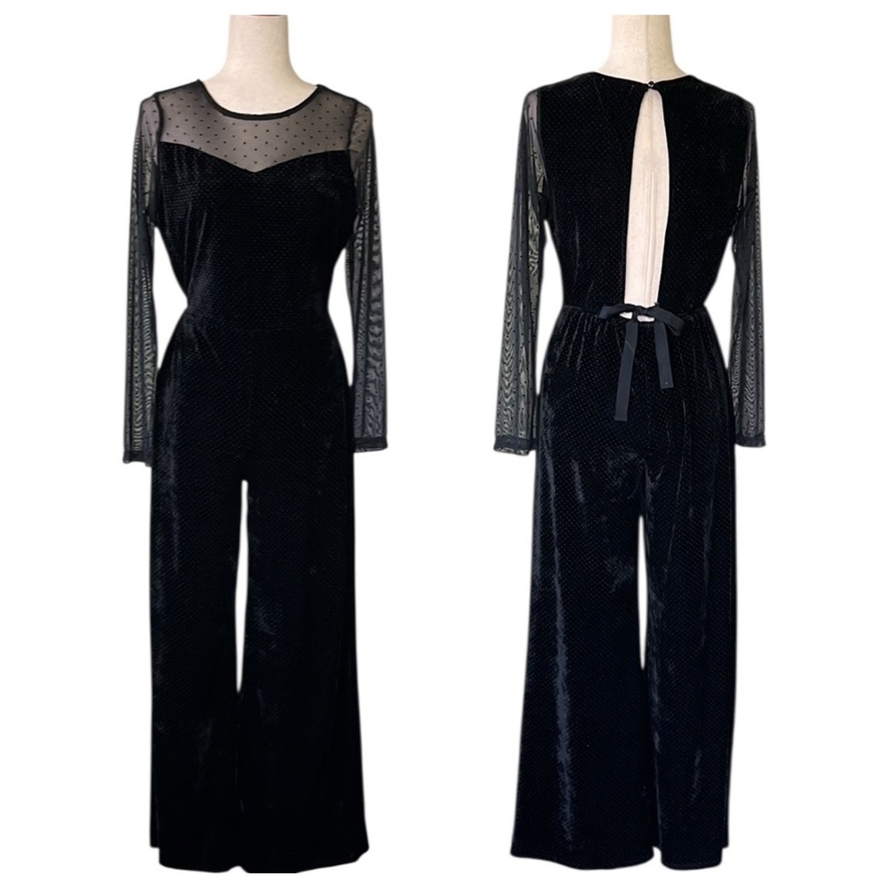 Monteau black long sleeve low tie back jumpsuit with sheer sleeve
